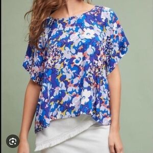 Maeve Blue and White Flutter Sleeve Blouse